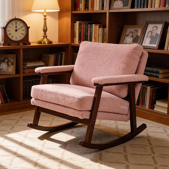 Rocking Chair for Nursery Living Room &amp Bedroom Upholstered Accent Chair with Solid Rubberwood Frame Cozy Reading Chair for Small Spaces Pink