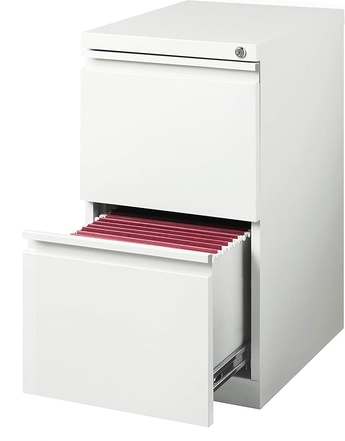 20 Inch Deep Metal Mobile Pedestal File 2 Drawer File-File with Full Width Pull for Home and Office Holds Letter Width Hanging Folders White