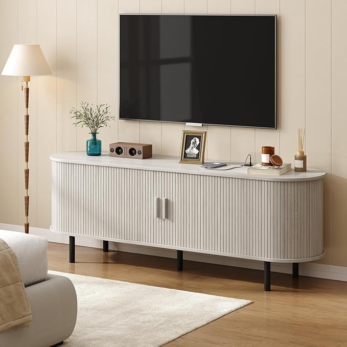 ONBRILL 63 TV Stand with Power Outlet for TVs up to 70 Inch Entertainment Center with Storage and Adjustable Shelves Modern Media Console with Sliding Doors for Living Room Natural White