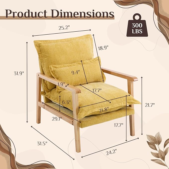 Karl home Midcentury Accent Chair for Living Room Chenille Upholstered Lounge Armchair with Lumbar Pillow Ruffle-Designed Cozy Reading Chair with Wood Legs Yellow