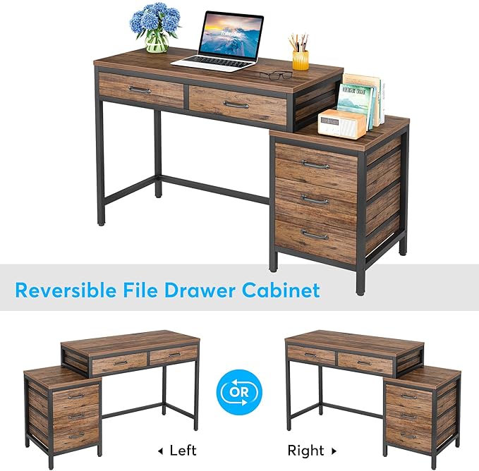 Tribesigns Computer Desk with 5 Drawers Home Office Desks with Reversible Drawer Cabinet Printer Stand Industrial PC Desk with Storage Rustic Study Writing Table Workstation for Small Spaces
