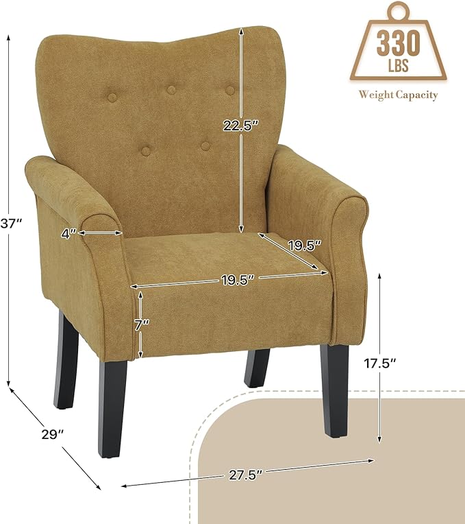 Athena Collection Mid Century Accent Chair Upholstered Modern Comfy Armchair Single Sofa Elegant Vanity Chair Reading Chair with High Back and Solid Wood Legs for Bedroom Living Room Dark Yellow