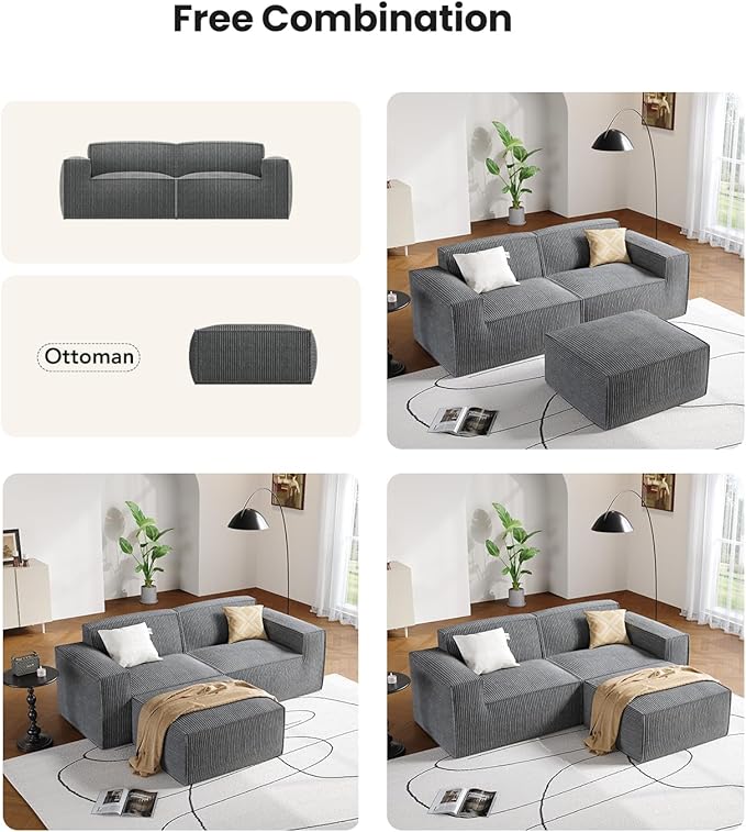 Amada 80 L Shaped Sofa Modular Corduroy Clopud Couches with Deep Seats &ampHigh-Back Upholstered Couches for Living Room Bedroom with Ottoman No Assembly Required(2-Seater&amp1 OttomanGrey)