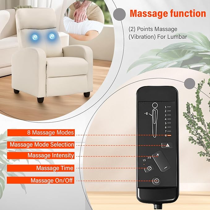 Recliner Chair PU Leather Massage Single Sofa Home Theater Seating Breathable Padded Reading Sofa with Footrest for Bedroom Living RoomBeige