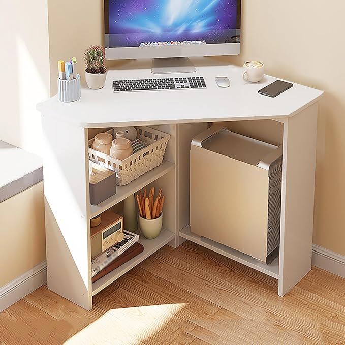 Corner Home Office Desk with Storage Shelves Triangular Computer Desk Workstation Makeup Vanity Desk with Spacious Desktop Space Saving Gaming Table for Study(67x67x74cm(26x26x29) White)