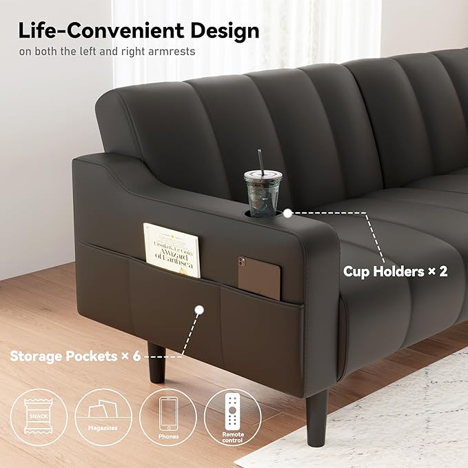80'' Futon Sofa BedFaux Leather Futon Sleeper Sofa Convertible Loveseat with Adjustable Sofa BackrestModern Couches for Living Room Bedroom Apartment Office (Black)