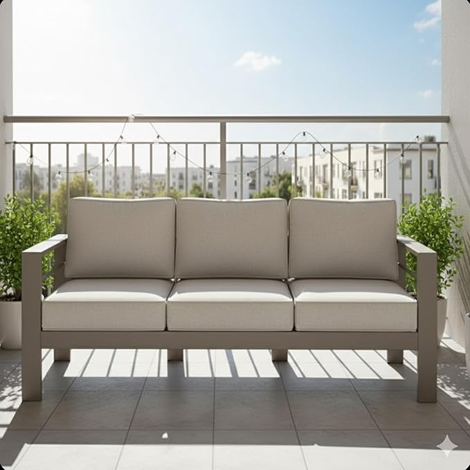 75 All-Weather Sofa Bed with Heavy-Duty Frame Stylish Sofa Bed with Water-Repellent Olefin Comfort 3-Seater Sofa with High-Density Foam for Patio Balcony Light Khaki+Beige