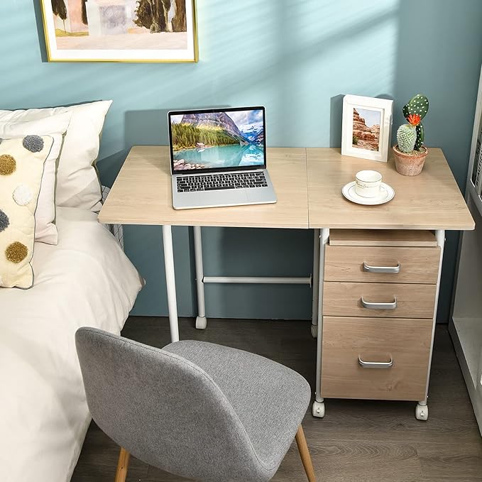 Tangkula Folding Computer Desk with 3 Storage Drawers Mobile Home Office Desk Study Writing Desk with Smooth Wheels Space Saving Compact Desk for Dorm Apartment Rolling Folding Desk Table
