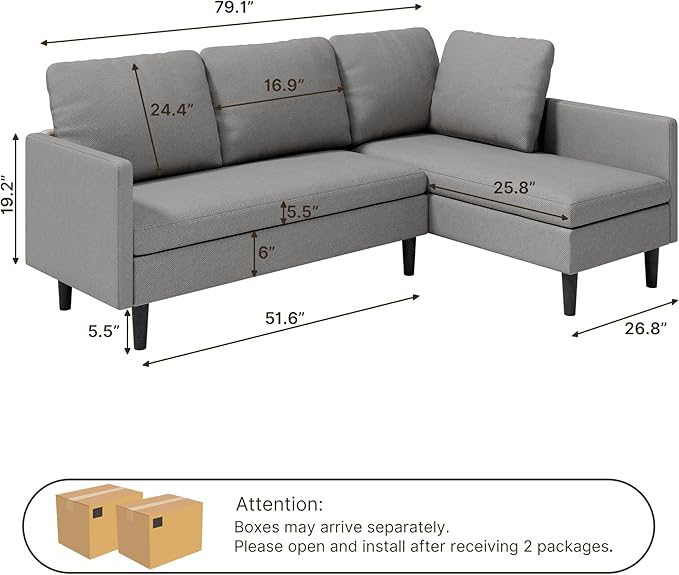 Gizoon Convertible Sectional Sofa Convertible to L-Shaped Sofa Linear and Sofa Bed with Comfortable and Soft Fabric Four Pillows for Living Room Apartment and Office Light Gray