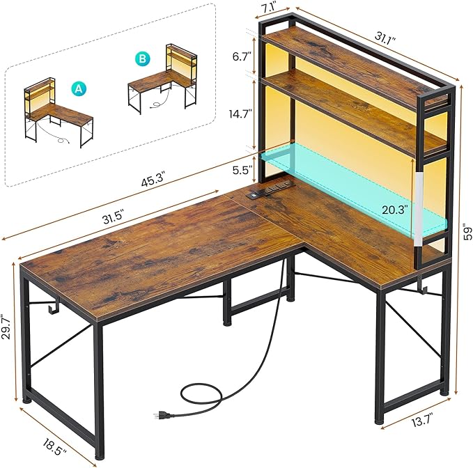 SEDETA L Shaped Desk with Hutch 45.3” Reversible Home Office Desk L Shaped Gaming Desk with LED Lights Power Outlet Storage Shelves and Hooks for Small Space Rustic Brown