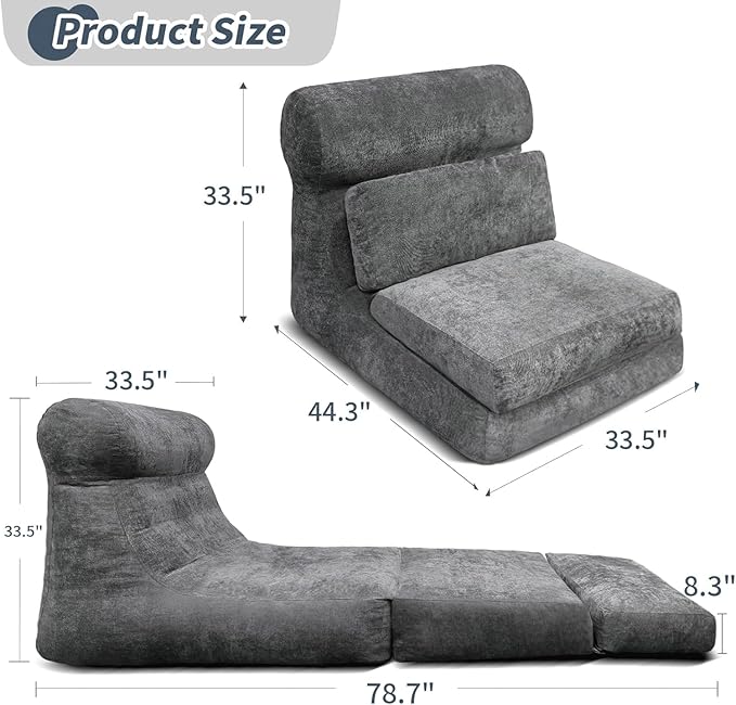 Folding Sofa Bed Floor Couch for Adults Chair Bed Convertible Sleeper Chair with Back Support Washable Cover Deep Seat Sleeper Couch for Living Room