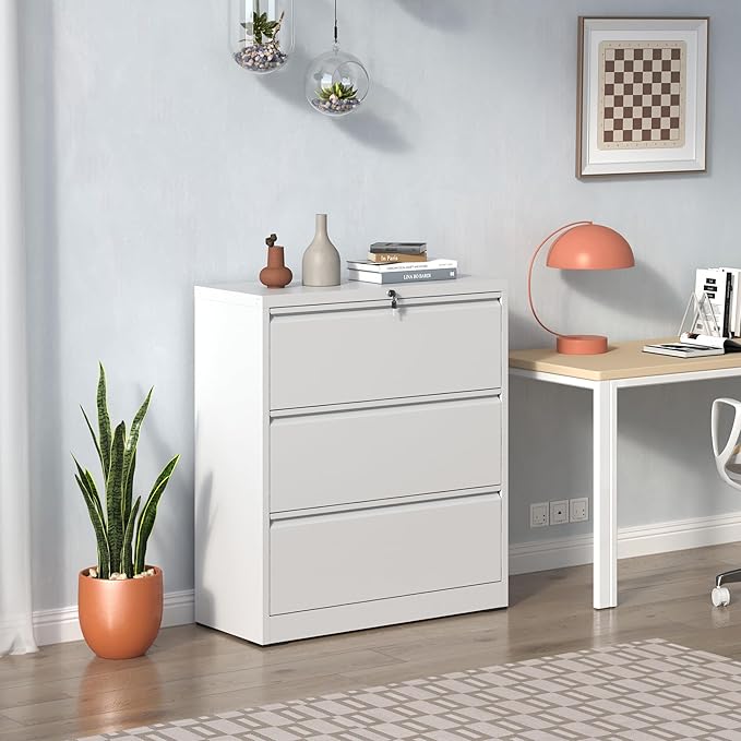 3 Drawer Small File Cabinet with Lock Locking Filing Cabinet for Home Office Under Desk Storage Cabinet Organizer with DrawersWhite
