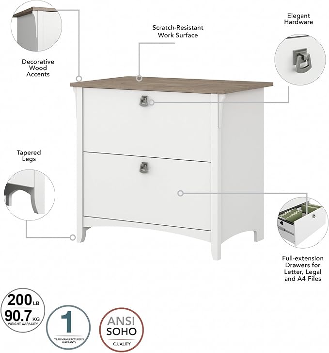 Bush Home Salinas 2 Drawer Lateral File Cabinet in Shiplap Gray and Pure White Home Office Storage Solution Organizer with Drawers for Workspace Filing Unit