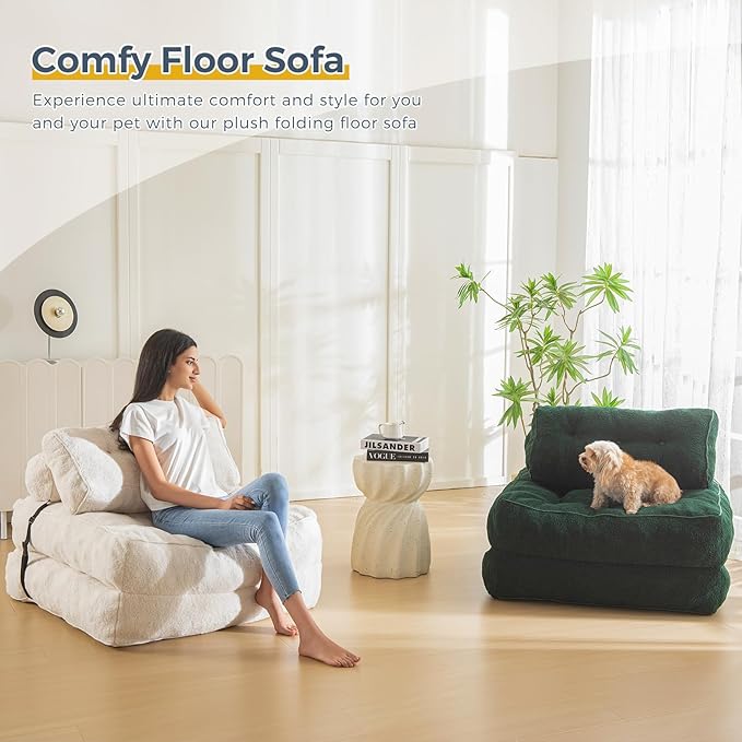 MAXYOYO Folding Sofa Bed Convertible Sleeper Chair with Pillow Portable Fold Out Sofa Couch Boucle Fabric Comfy Foldable Mattress with Back Support for Living Room Apartment