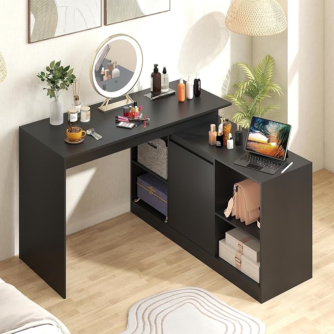 Giantex 48 Reversible L-Shaped Computer Desk Modern Corner Computer Workstation with 2 Doors &amp 4 Open Storage Cubes Large Executive Desk for Home Office White/Black (Black)