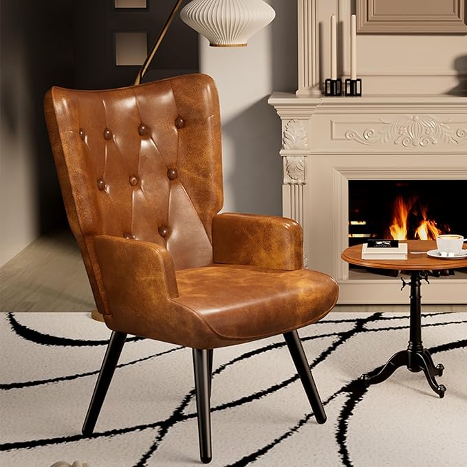 TLSUNNY Accent Chair Comfy Upholstered Armchair with Metal Legs High Backrest Living Room Chair Wingback Chair Mid Century Modern for Living Room/Vanity/Bedroom PU Brown (2 pcs)