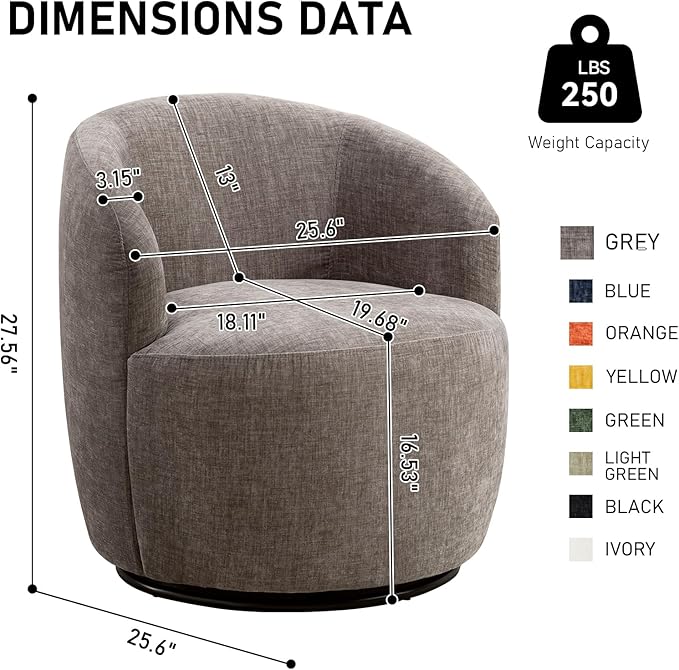 Swivel Accent Chair360 Degree Chenille Small Swivel Barrel ChairUpholstered Comfy Arm ChairModern Round Swivel Bucket ChairSingle Sofa Chair for Living RoomBedroomNursery(Grey)