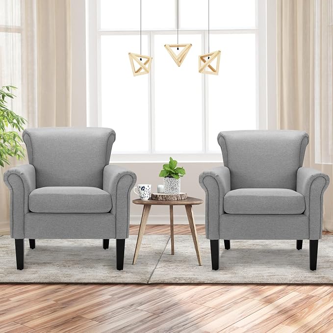 Giantex Modern Fabric Accent Chair Comfy Living Room Chair w/Adjustable Foot Pads Overstuffed Backrest Single Sofa Leisure Chair w/Soft Cushion Bedroom Chair for Reading Nursery Light Gray