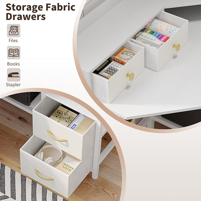 Corner Desk with 6 Drawers Shelves for Small Space Computer Desk with Power OutletsGaming Desk with Printer Monitor Stand Storage for Home Office Workstation Writing Table (White 31.5)