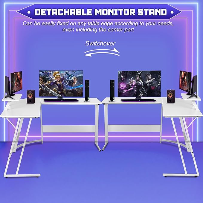 NChanmar L Shaped Gaming Desk with Monitor Riser Stand Home Office Corner Desk for Studying Working and Gaming Large Desktop White
