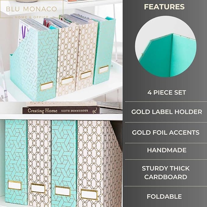 BLU MONACO | Set of 4 Foldable Pink &amp Aqua Magazine File Holders with Gold Geometric Patterns | Vertical File Organizer Boxes with Gold Label Holders for Home &amp Office