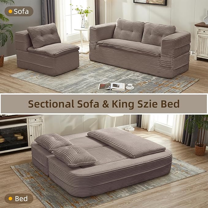 Convertible Sleeper Sofa Bed with Chaise Lounge Set80 King Folding Mattress Cloud Floor Loveseat CouchCorduroy Boneless Sectional Couch for Living Room Bedroom ApartmentCoffee