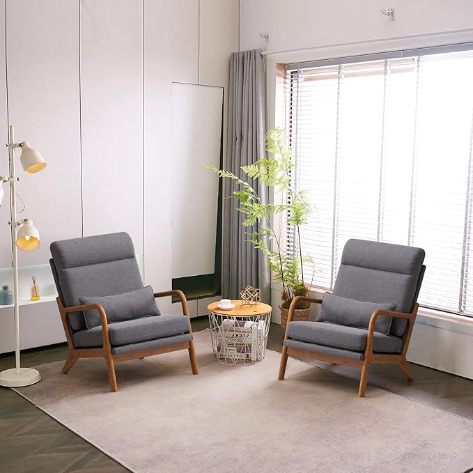 JOYBASE Lounge Accent Chair Mid Century Modern Chair High Back Chair Wood Frame Armchair Comfy Reading Chair for Living Room Office Bedroom (Dark Grey Fabric)