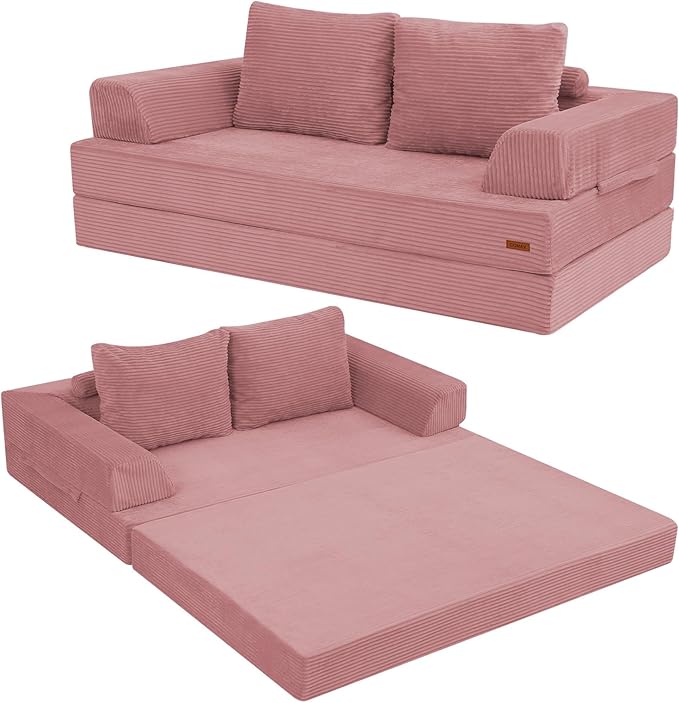 COMAX Futon Sofa Bed Convertible Folding Sofa Bed Boneless Couch Loveseat Corduroy with Pillows Small Foldable Floor Couch Comfy Lounge Sleeper for Living Room Bedroom Pink