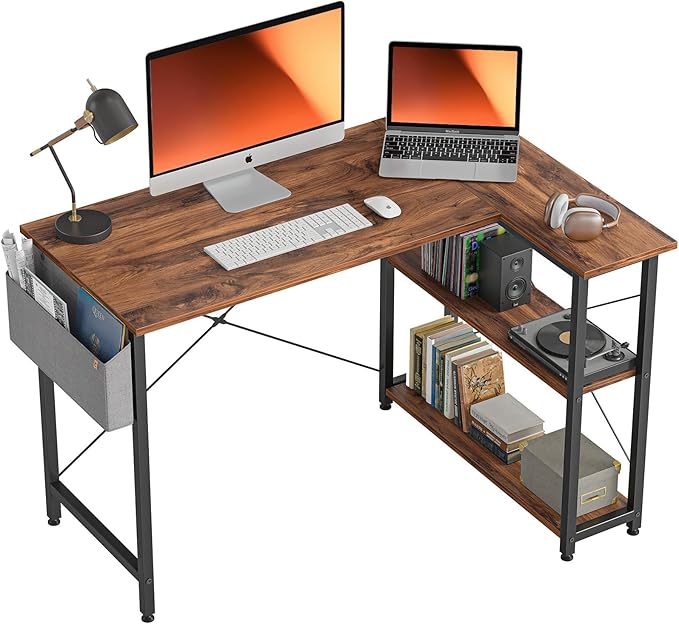 BANTI 40 Inch Small L Shaped Computer Desk with Storage Shelves Home Office Corner Desk Study Writing Table Brown