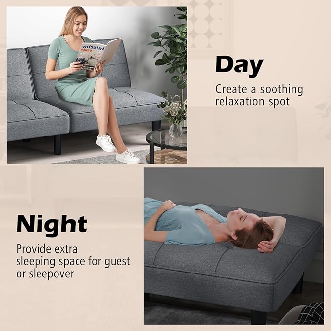KOMFOTT Convertible Futon Sofa Bed Upholstered Folding Linen Sleeper Couch with 6-Position Adjustable Backrest Thick Cushion Adjustable Recliner Couch Bed Loveseat for Living Room Small Spaces