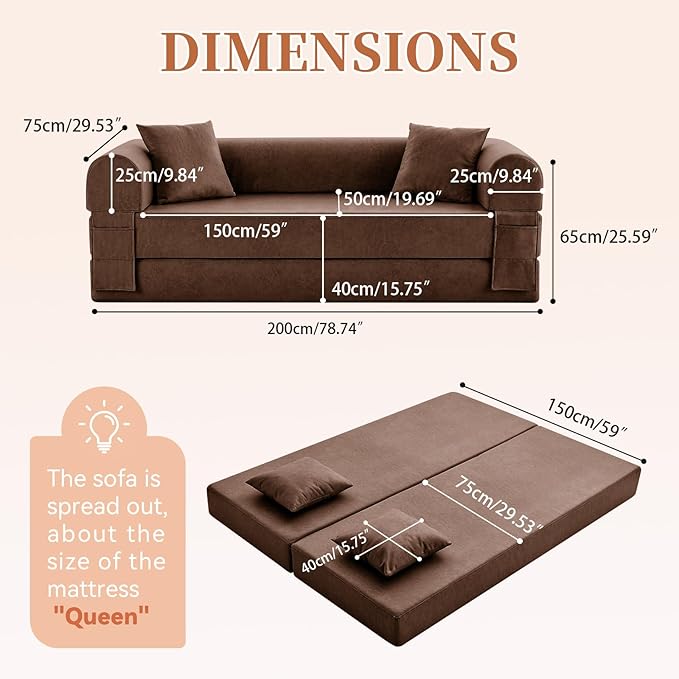 4-in-1 Folding Convertible Sofa Bed 78 Inch Faux Leather Boneless Couch Loveseat Sleeper with Pull Out Bed Floor Sofa Modular Futon Teddy Sofa for Living Room Bedroom Lounge Brown