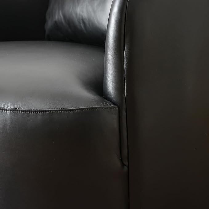 KINWELL 33'' W Top Grain Genuine Leather Swivel Barrel Armchair No Assembly Round Upholstered Leather Swivel Accent Chairs with Toss Pillow for Living Room Office Lounge (Black Genuine Leather)