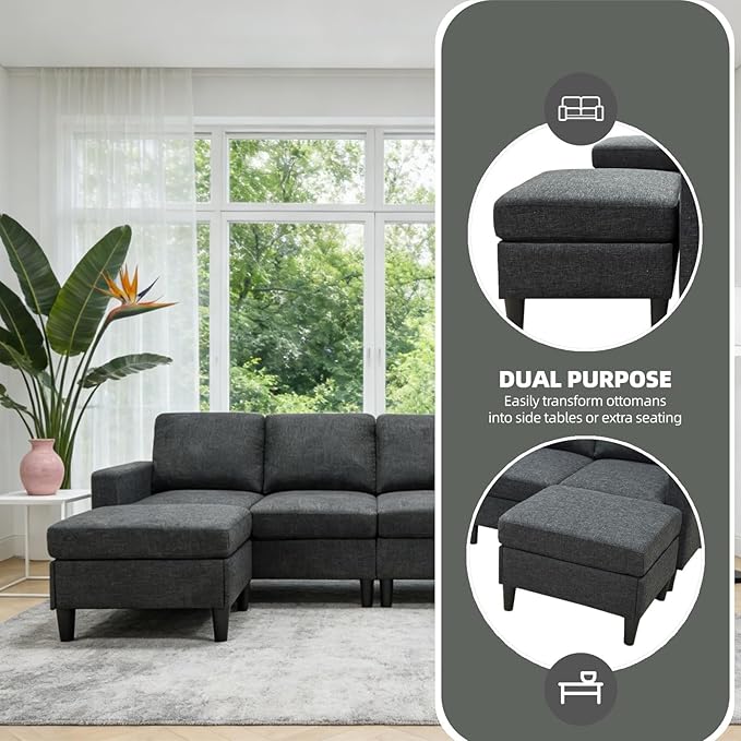 101 L-Shape Modular Sectional Couch Convertible Linen Couch with 2 Ottomans Modern 4 Seater Upholstered Modular Sectional Sofa for Apartment Living Room Charcoal Black