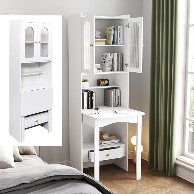 Hideaway Fold Out Home Office Desks Folding Desk with Storage Shelves &amp Drawers Convertible Murphy Desk Cabinet with Bookcase for Small Space Work Study Room (White)