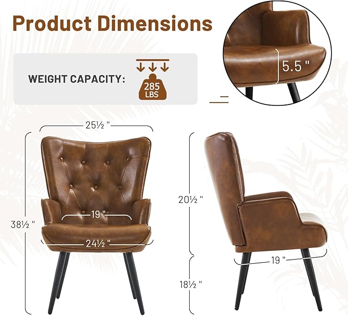 Furniliving PU Leather Accent Chair for Living Room Upholstered Reading Chair with High Backrest Tufted-Button Wingback Armchair for Bedroom Dressing Room Home Office Brown
