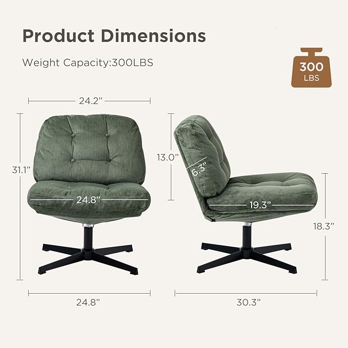 Nouhaus Balloon Criss Cross Chair Cross Legged Swivel Vanity Chair with Wide Comfy Padded Seat Armless No Wheels Fabric Modern Home Lounge Chairs for Living RoomBedroom(Green)
