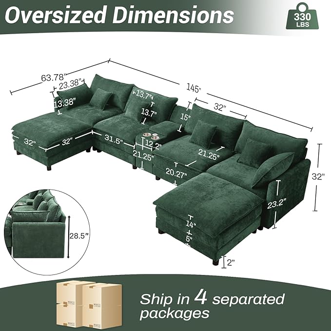 145 Oversized Modular Sectional Sofa U Shaped Cloud Couch 6 Seat Sofa Set for Living Room Comfy Fluffy Chenille Deep Seat with Storage Central Console Movable Ottomans Cup Holders USB Ports Green