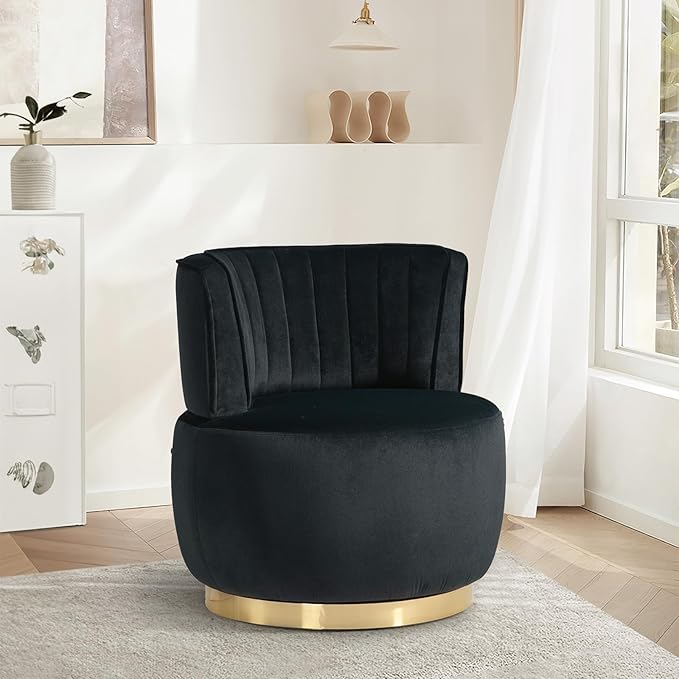Velvet Swivel Barrel Chair Modern Upholstered Accent Chair 360° Swivel Round Lounge Chair with Gold Metal Base Comfy Arm Chair Sherpa Chair for Nursery Living Room Bedroom Club Office Black