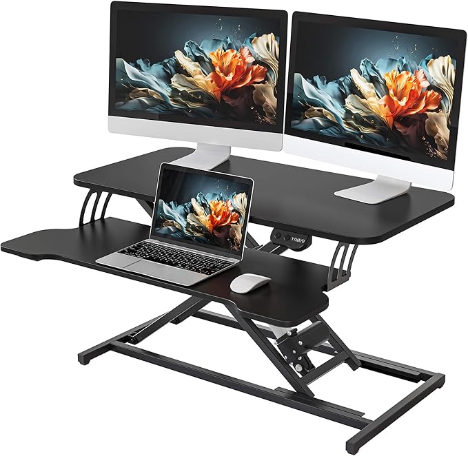 YIHAYO Electric Standing Desk Converter 32 inch Sit to Stand Up Height Adjustable Desk Riser Quick Sit to Stand Tabletop Dual Monitor Riser Workstation for Home Office with Keyboard Tray Black