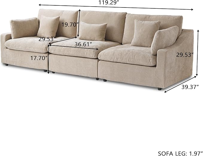 JACH Sectional Couches for Living Room 3 Seater Cloud Sectional Couch with Deep Seat Down Filled Modular Sofa Covers Removable &amp Washable Sofas Furniture for Living Room Khaki