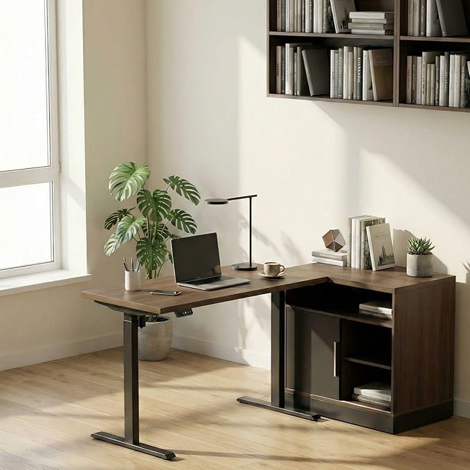 Electric Standing Desk with Storage Cabinet Adjustable Height Executive Desk with Credenza Home Office Workstation with A Engineered Wood 1.18 Solid Desktop Black Walnut