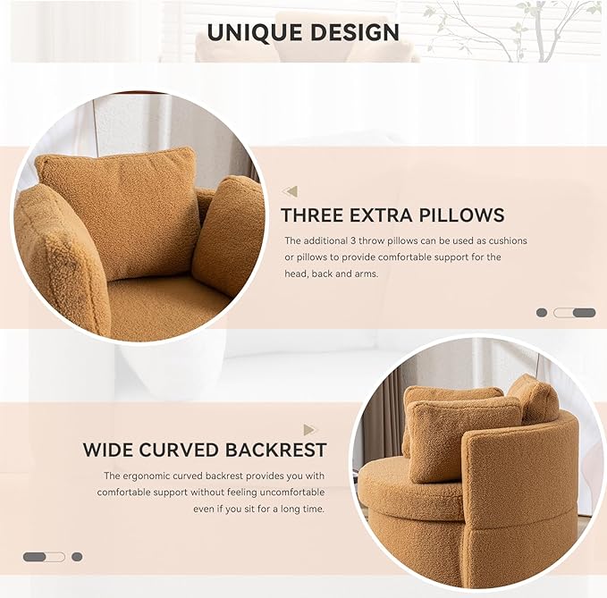FOXHUNTER Swivel Barrel Chair 360 Degree Swivel Round Storage Chair with 3 Pillows Oversize Teddy Swivel Accent Chair Comfy Single Sofa Chair for Nursery Living Room Bedroom (Khaki)