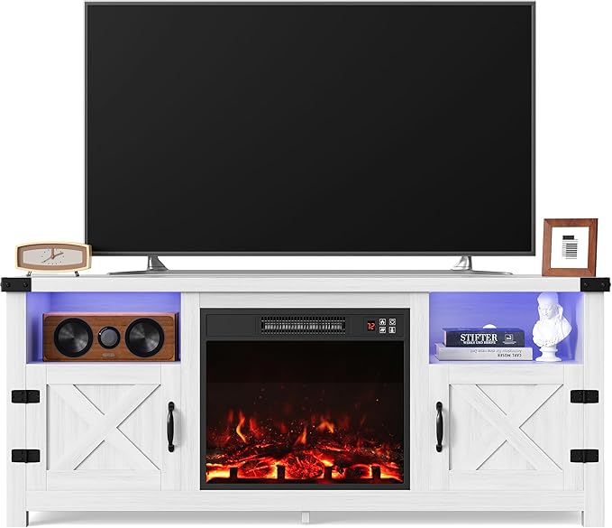 Furmax LED Entertainment Center with Fireplace Fireplace TV Stand with Storage Cabinets and 2 Open Shelves Modern Media TV Console for Living Room (White)