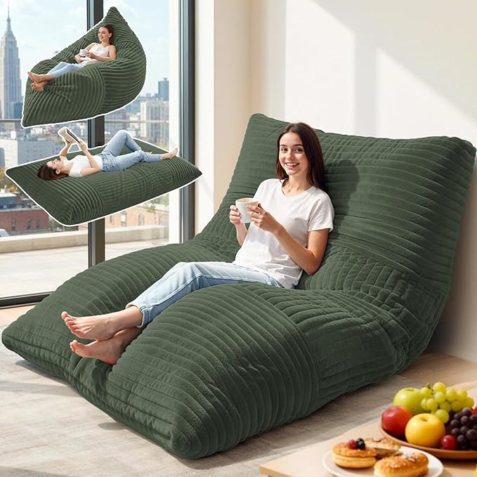 3 in 1 Giant Bean Bag Chair for Adults and Kids Oversized Convertible Bean Bag Bed with Machine Washable Cover Comfy Soft Memory Foam Floor Sofa for Living Room Bedroom &amp Game Room(Green)