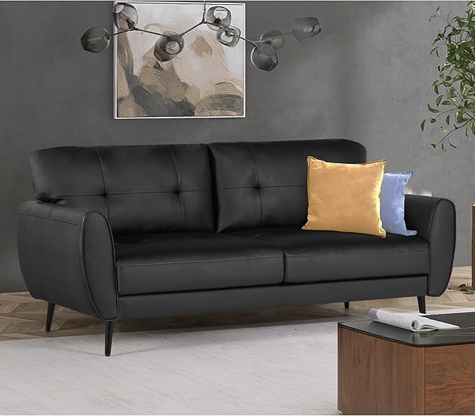 60 Loveseat Sofa for Living Room Mid Century Mini Black Couch Tufted Leather Love Seat Furniture Comfy Office 2 Seat Small Couches for Small Spaces Bedroom Apartment