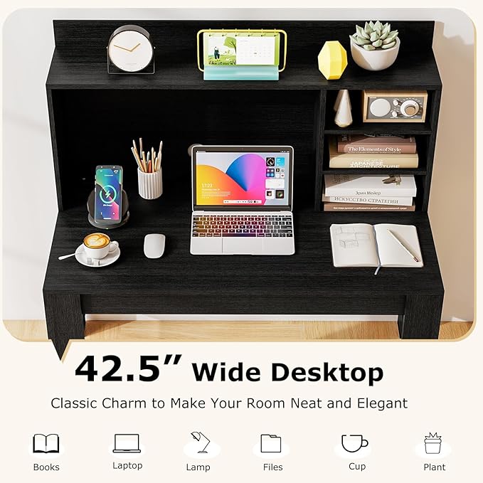 Tangkula Computer Desk with Hutch &amp Charging Station Home Office Writing Study Desk with Storage Shelves Cable Management Hole Laptop Desk Desk for Bedroom Computer Workstation (Black)