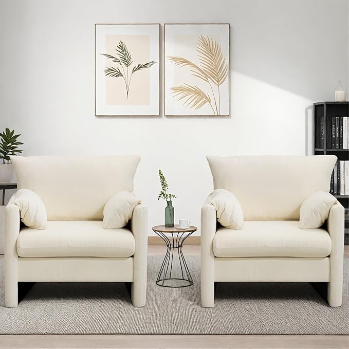 Chenille Oversized Armchair Set of 2 Wide Accent Chair for Living Room Bedroom Modern Upholstered Lounge Chair Mid-Century Reading Chair Comfy Single Sofa Chair Beige