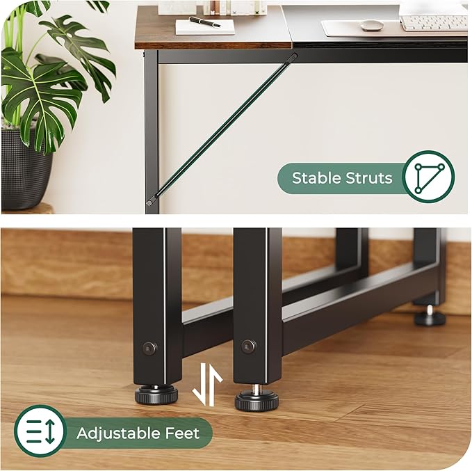 Huuger Computer Desk 63 Inch Office Desk Gaming Desk with Storage Writing Desk Work Desk for Home Office Study Modern Simple Desk Large Legroom Metal Frame Rustic Brown and Black
