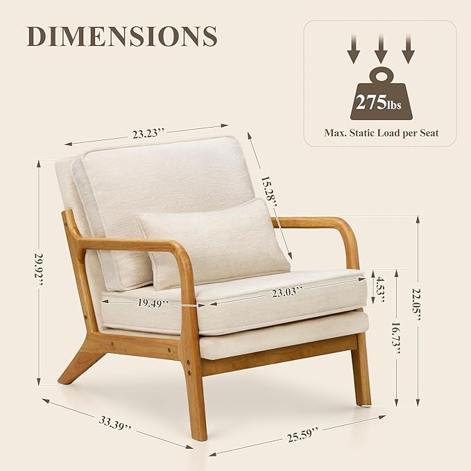 Mid-Century Accent Chair Set of 2 with Solid Wood Frame Reading Relaxing Armchair Lumbar Pillow&amp Soft Cushion Leisure Chair for Living Room Bedroom Waiting Room-Beige