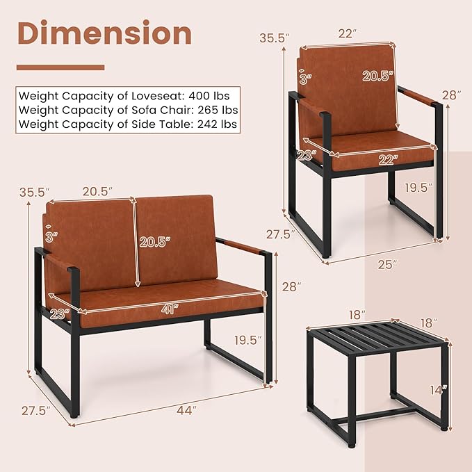 KOMFOTT 5 Pieces Living Room Sofa Set Faux Leather Living Room Furniture Set Includes Loveseat Sofa 2 Accent Chairs &amp 2 Coffee Tables with Heavy-Duty Metal Frame Modern Industrial Couch Set Br